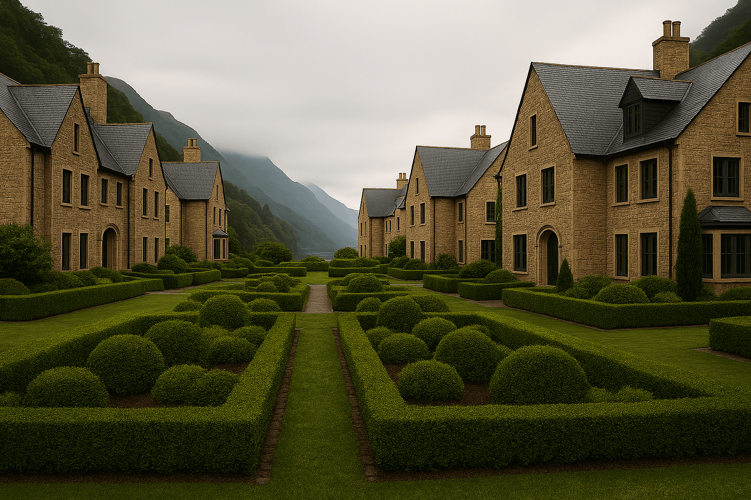 A row of houses with a hedge in the foreground.